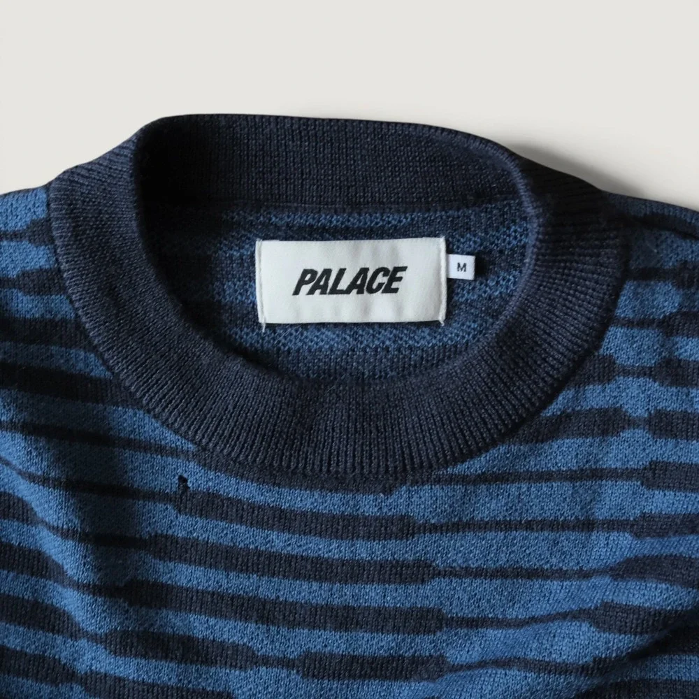 Palace Rep Knit Sweater Mens Indigo Blue Striped Distressed Streetwear M Vintage